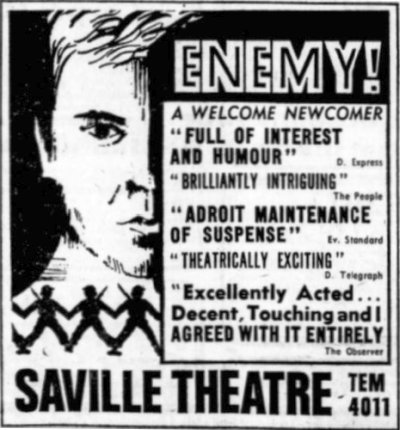 An Advertisement for 'Enemy' the last production at the Saville Theatre before it was converted into a Twin Screen Cinema for ABC - From the London Evening News, 30th of December 1969.