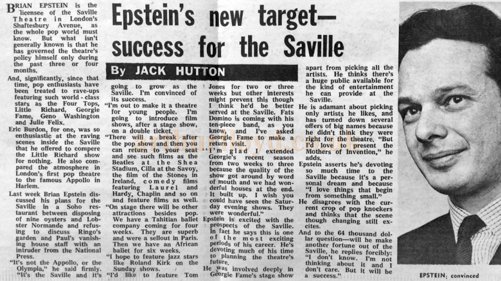An Article on Brian Epstein's hopes and plans for his tenure of the Saville Theatre - From the Melody Maker, 21st of January 1967 - Courtesy Martin Clark and Ian Howells.