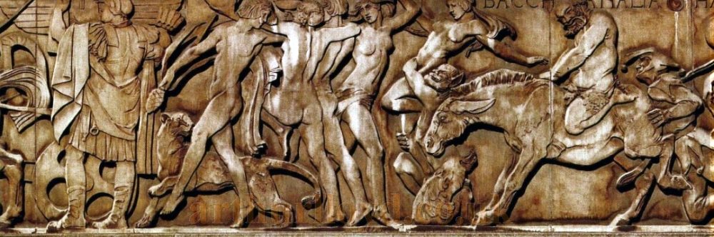 Sections of Gilbert Bayes' Frieze on the facade of the Saville Theatre - From Country Life, 2nd of November 1989.