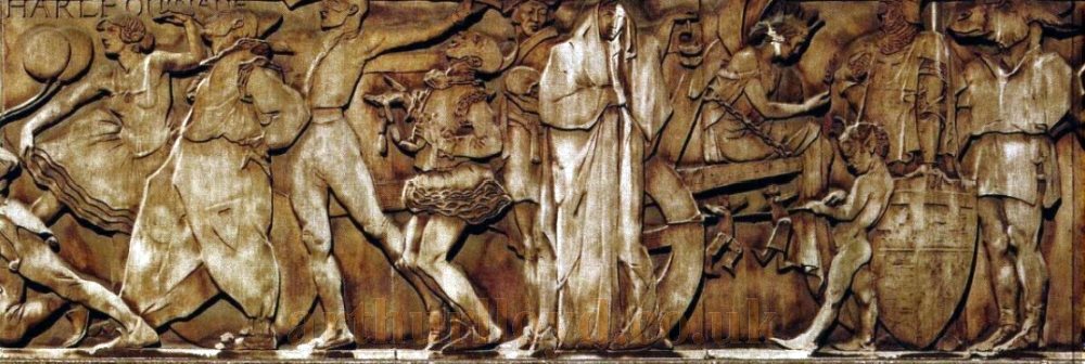 Sections of Gilbert Bayes' Frieze on the facade of the Saville Theatre - From Country Life, 2nd of November 1989.