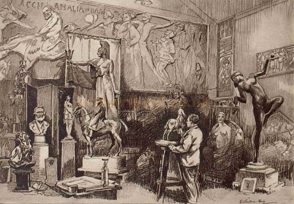 Gilbert Bayes working in his studio, the large frieze on the wall is the original of that which adorns the former Saville Theatre today - From The Sphere, 26th of August 1933.