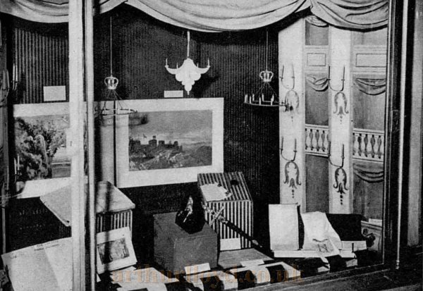 A display showing some of Henry Irving's Memorabilia in the Saville Theatre's Salon created by his grandson Laurence Irving in 1956 - Photograph from The Sphere, 7th of January 1956.