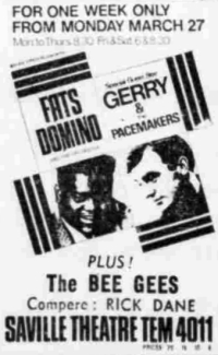 An Advertisement for Fats Domino, Gerry & The Pacemakers, and The Bee Gees all appearing at the Saville Theatre in one week in 1967 - From the Evening News (London), 23rd of March 1967.