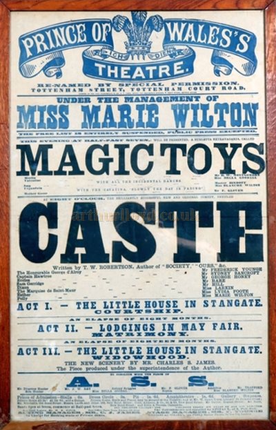 A Framed Poster for 'Magic Toys' and 'Caste' being performed at the Prince of Wales Theatre, Tottenham Street under the Management of Marie Wilton in April 1867 - Courtesy Roger Fox.