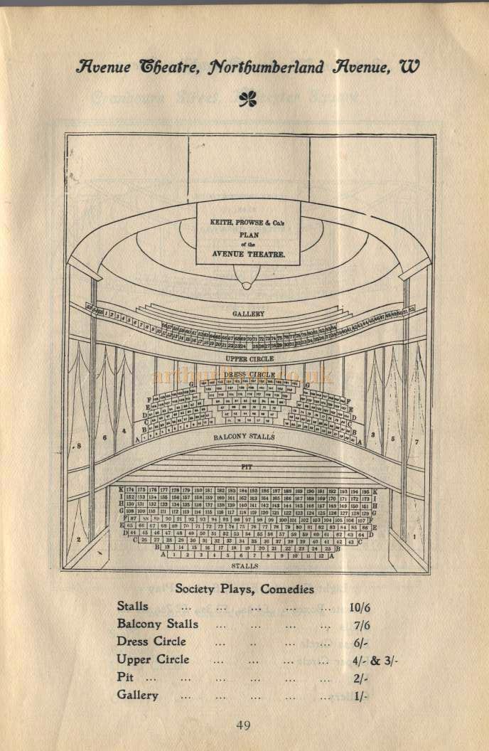 Avenue Theatre Seating Palan - Pre 1905 - Click for Details of the Theatre