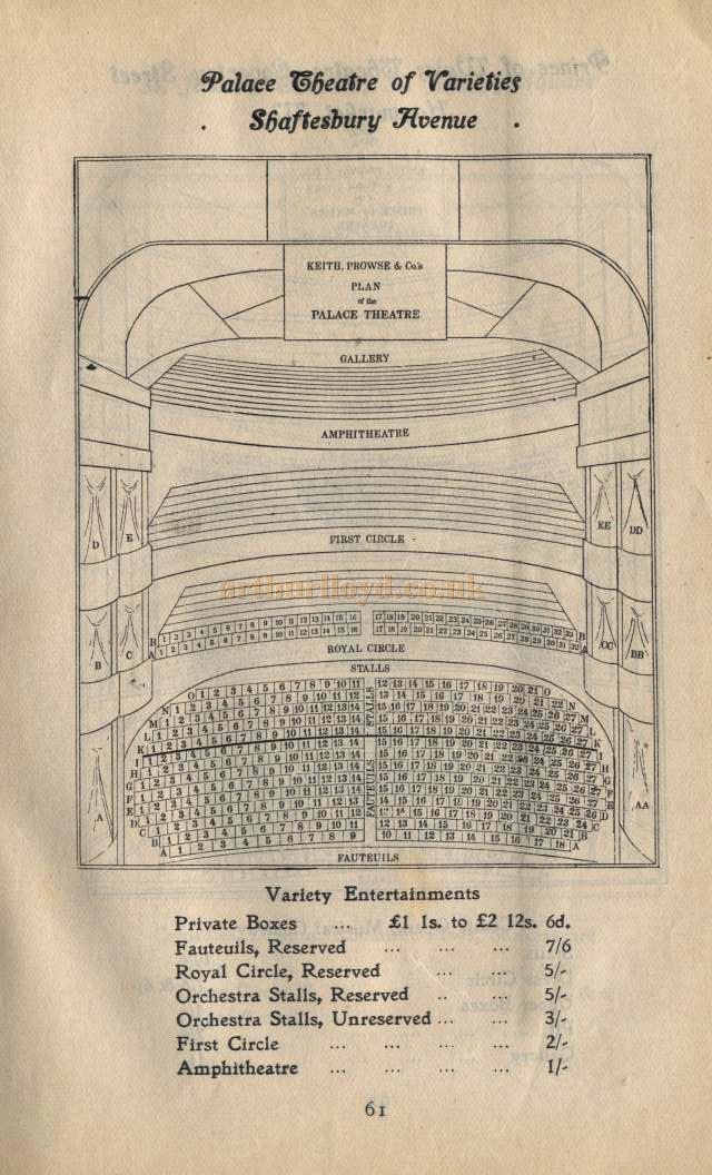 Palace Theatre of Varieties Seating Palan - Pre 1905 - Click for Details of the Theatre