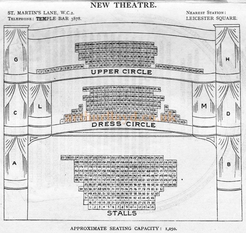 A Seating Plan for the New Theatre - From 'Who's Who in the Theatre' published in 1930 - Courtesy Martin Clark. Click to see more Seating Plans from this publication.