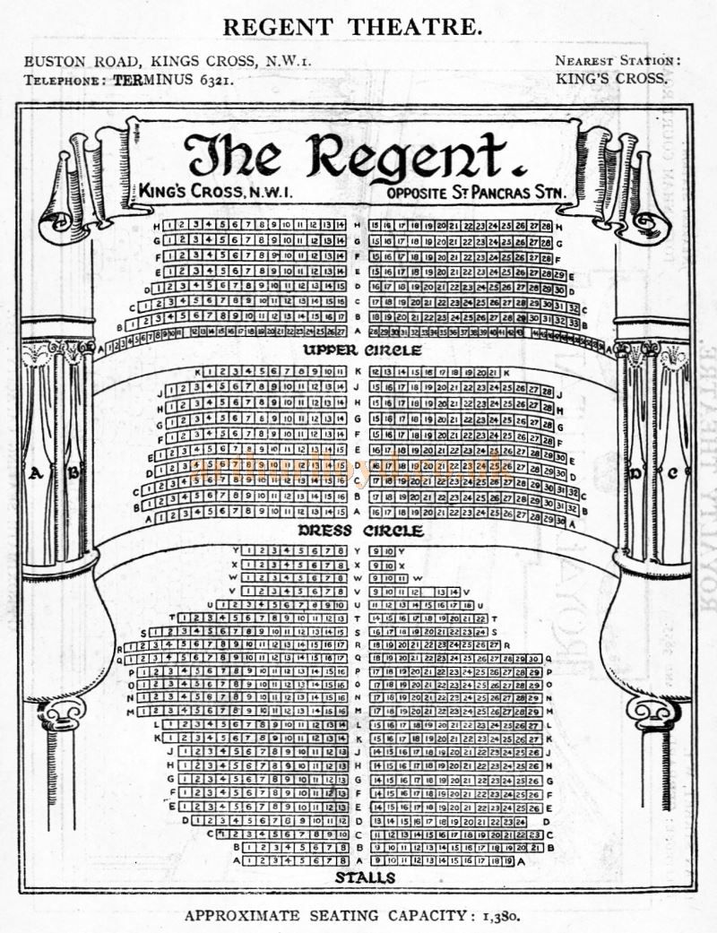 A Seating Plan for the Regent Theatre - From 'Who's Who in the Theatre' published in 1930 - Courtesy Martin Clark. Click to see more Seating Plans from this publication.