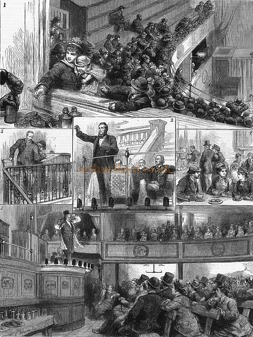 Sketches at a Temperance Hall - The Great Central Hall, Bishopsgate - From 'The Graphic' October 18, 1879. Caption reads: 1. Upstairs: The Twopenny Seats - 2. Recitation - 3. Signing the Pledge - 4. The Bar - 5. Downstairs: A Comic Song.