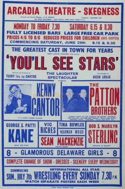 A Poster for the Arcadia Theatre, Skegness with Kenny Cantor on the Bill in the 1970s - Courtesy Maurice Poole.