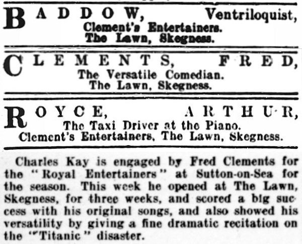Four Advertisements from the ERA for events at the Lawn, Skegness in 1906, 1907, 1909 and 1912.