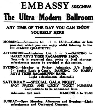 An Advertisement for the Embassy Ballroom, Skegness in 1946 - From Skegness News, 3rd of July 1946.