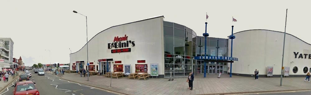 A Google StreetView Image showing the Embassy Centre and Embassy Theatre, Skegness in July 2016 - Click to Interact.
