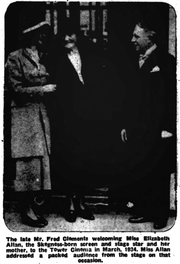 The late Mr. Fred Clements welcoming Miss Elizabeth Allan, the Skegness born screen and stage star and her mother, to the Tower Cinema in March, 1930. Miss Allan addressed a packed audience from the stage on that occasion - From the Louth Standard, 29th of November 1941.