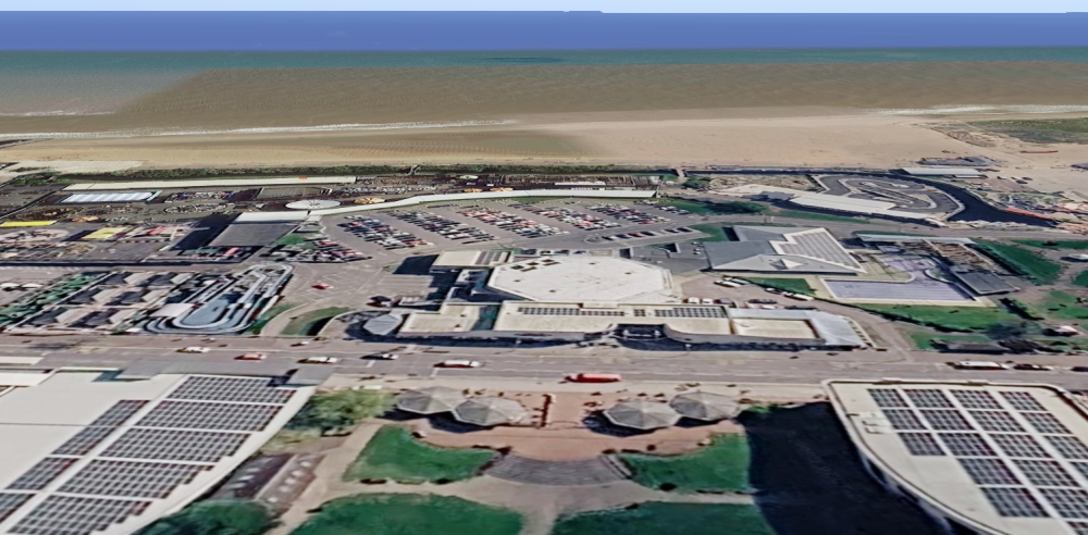 Google Earth Image showing the Embassy Centre, Skegness and its octagonal Theatre from above - Click to Interact.