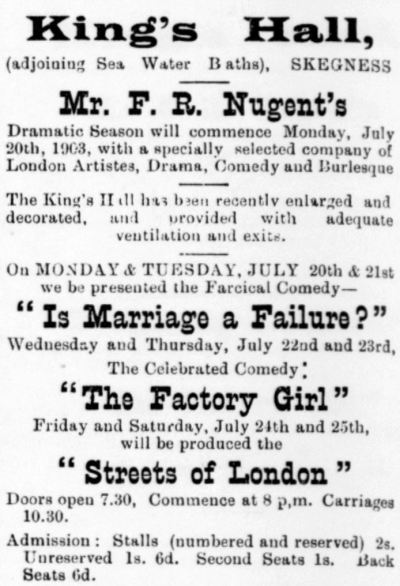 An advertisement for the King's Hall, Skegness in 1903 - From the Skegness Herald, 17th of July 1903.
