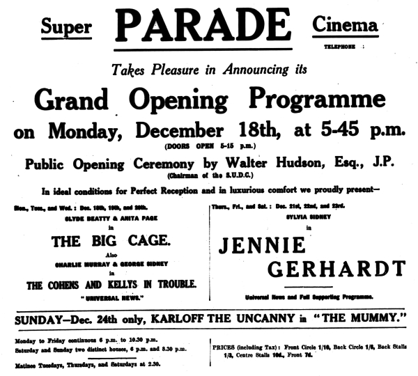 An Advertisement for the 'Grand Opening' of the Parade Cinema, Skegness in 1933 - From the Skegness Standard, 13th of December 1933.