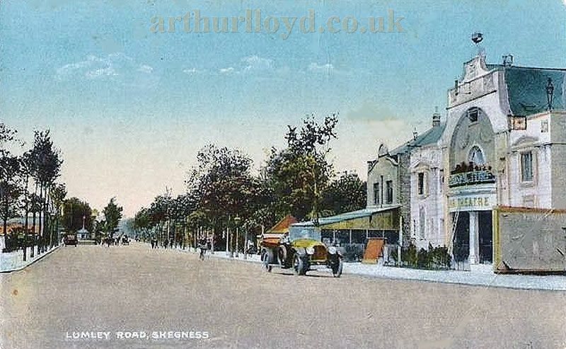 An Early Postcard showing Lumley Road and the Original Tower Theatre, Skegness of 1921 - Postcard reproduced here with a Creative Commons Licence from Mike Blakemore at the Cinema Treasures Website.