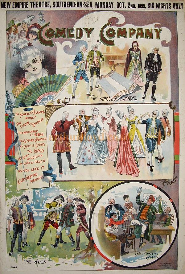 A poster for Ben Greet's Comedy Company in a series of Shakespeare plays for 'six nights only' at the New Empire Theatre, Southend on Sea for the week beginning Monday October 2nd 1899 - Courtesy Angela Walters.