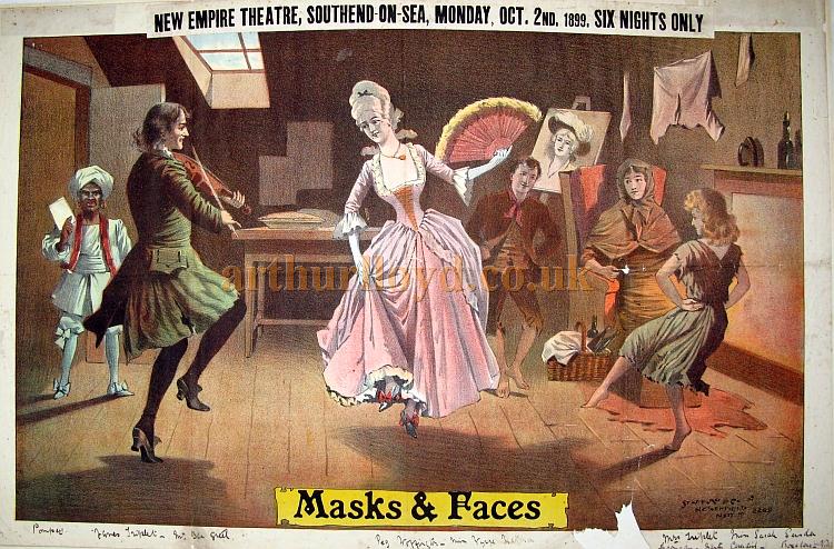 A poster for Ben Greet's Comedy Company entitled 'Masks & Faces' at the New Empire Theatre, Southend on Sea for Monday October the 2nd 1899 - Courtesy Angela Walters.