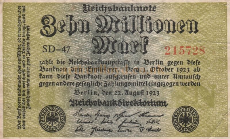 A German inflation note for 10,000,000 marks carrying an overprinted advertisement for the musical 'Suzanne' at the Southend Hippodrome in February 1924 - Courtesy William McCreath who says that these inflated bank notes from the period were often used for advertising as they were cheaper to obtain than blank paper and were eye catching.