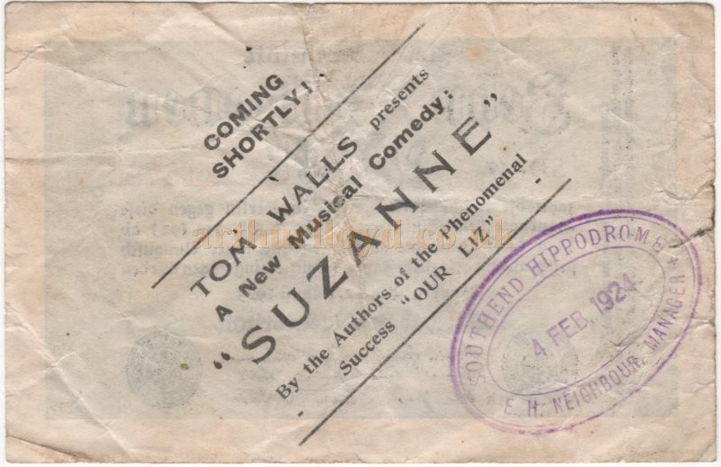 A German inflation note for 10,000,000 marks carrying an overprinted advertisement for the musical 'Suzanne' at the Southend Hippodrome in February 1924 - Courtesy William McCreath who says that these inflated bank notes from the period were often used for advertising as they were cheaper to obtain than blank paper and were eye catching.