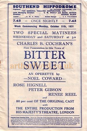 A page from a programme for a Charles B. Cochran production of Noel Coward's 'Bitter Sweet' at the Hippodrome, Southend in October 1931 - Kindly donated by Jan Davies.
