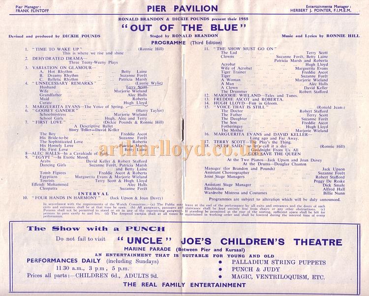 Cast Details for 'Out of the Blue' at the Pier Pavilion, Southend in the 1955 - Kindly donated by Jan Davies.