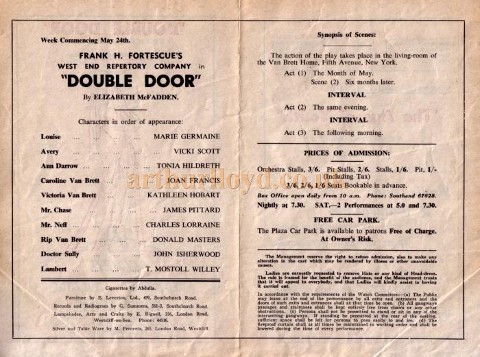 A programme for the Plaza Repertory Company's production of 'Double Door' at the Plaza Theatre, Southend for the week of Monday 31st of May 1948 - Kindly Donated by Jan Davies.