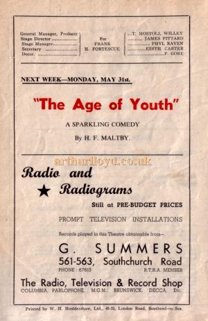 The back of a programme for the Plaza Repertory Company's production of 'Double Door' at the Plaza Theatre, Southend for the week of Monday 31st of May 1948, and advertising 'The Age of Youth' to be played at the Theatre the following week - Kindly Donated by Jan Davies.