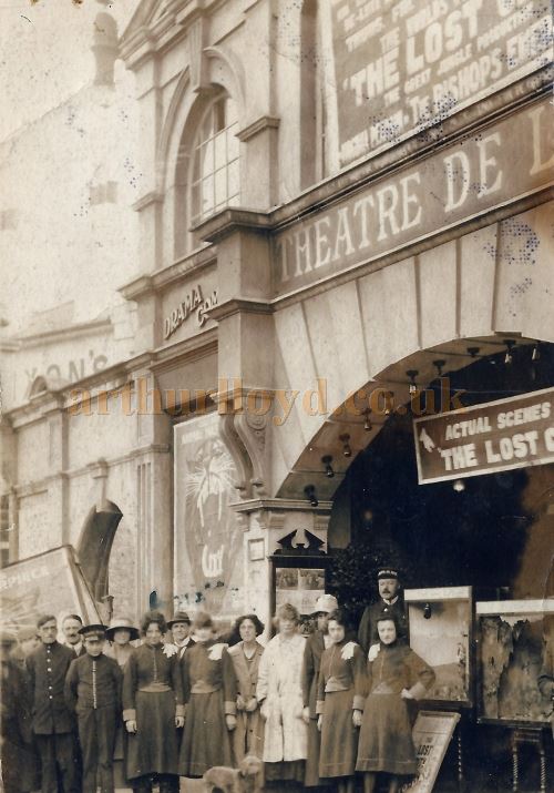 An early photograph of Theatre Staff standing in front of the Theatre De Luxe, Southend during the showing of the silent film serial 'The Lost City' produced in 1920 - Courtesy Graham Mee 