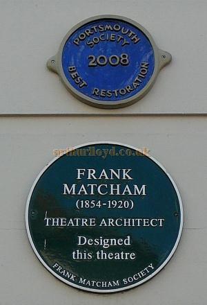 Plaques on the Kings Theatre, Southsea celebrating the work of the Theatre's Architect, Frank Matcham, and the Restoration of the Theatre in 2008 - Courtesy B.F.