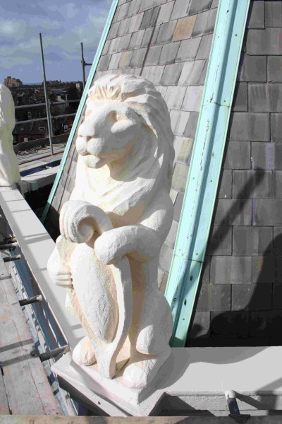 One of the newly recreated Fibreglass Lions which adorn the cupola on the tower of the King's Theatre - Courtesy Chris Grant, Kings Theatre, Portsmouth.