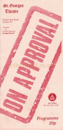 A programme for the St. Georges Theatre repertory production of 'On Approval' .