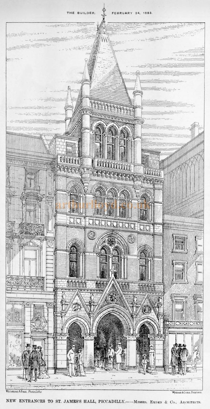 The New Entrances to St. James's Hall, Piccadilly - Messrs. Emden & Co., Architects - From the Builder, February 24th 1883. 