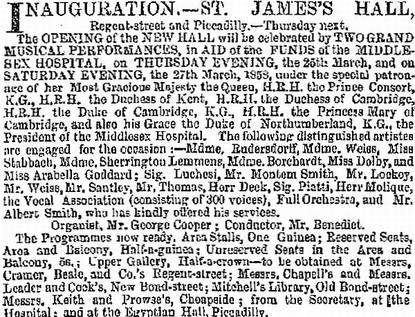 A notice in the ERA of the 21st of March 1858 announcing the Inauguration of the St. James's Hall.