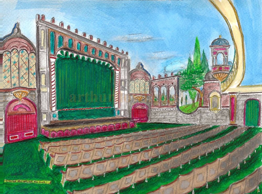 A Painting by George Richmond depicting the Auditorium of the Majestic Theatre, Stains in 1929. George says that this is his first attempt at an atmospheric auditorium. No colours ware given in the descriptions so he has used his imagination in that respect - Click for an Index to all of George Richmond's Paintings on this site.