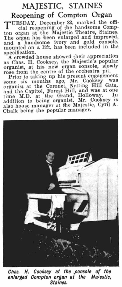 An illustrated article about the upgrading of the Compton Organ at the Majestic Theatre, Staines in 1932 - From the Kinematograph Weekly, 7th of January 1932.