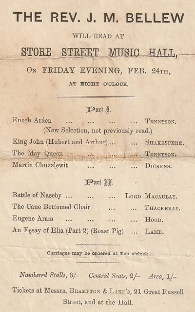 An Early Programme for the Store Street Music Hall - Courtesy Simon Moss, stagememories.