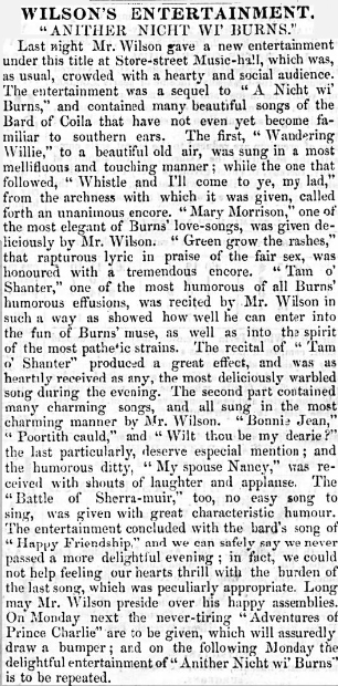 A Review for Wilson's Entertainment at the Store Street Music Hall in 1843 - From the Sun (London), 29th of March 1843.