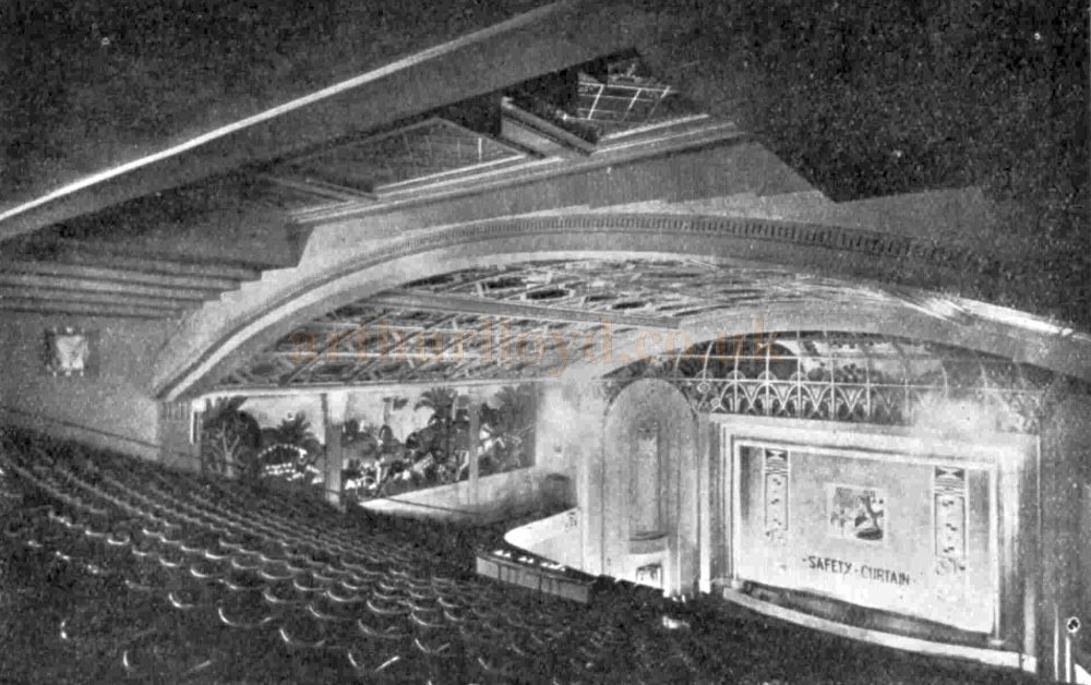 The Auditorium and Stage Safety Curtain of the Astoria Theatre, Streatham when it first opened in 1930 - From The Bioscope, 25th of June 1930.