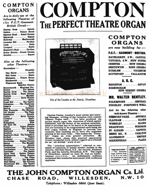 An Advertisement for Compton Theatre Organs as Installed at the Astoria Theatre, Stretaham in 1930 - From the Kinematograph Weekly, 10th of July 1930.