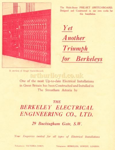 An Advertisement for Berkeley Electrical Engineering - From the Opening Programme for the Streatham Astoria - Courtesy Ron Knee Archive. 