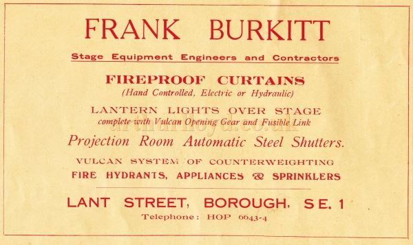 An Advertisement for Frank Burkitt Stage Equipment Engineers and Contractors - From the Opening Programme for the Streatham Astoria - Courtesy Ron Knee Archive. 