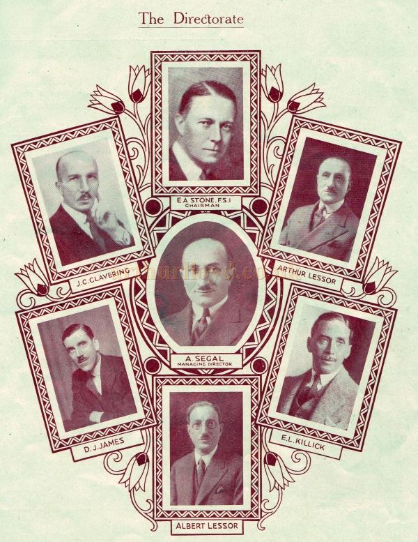 The Directorate of the Streatham Astoria - E A Stone, Chairman, J. C. Claveing, Arthur Lessor, D. J. James, Arthur Segal, Managing Director, E. L. Killick, and Albert Lessor - From the Opening Programme for the Streatham Astoria - Courtesy Ron Knee Archive.