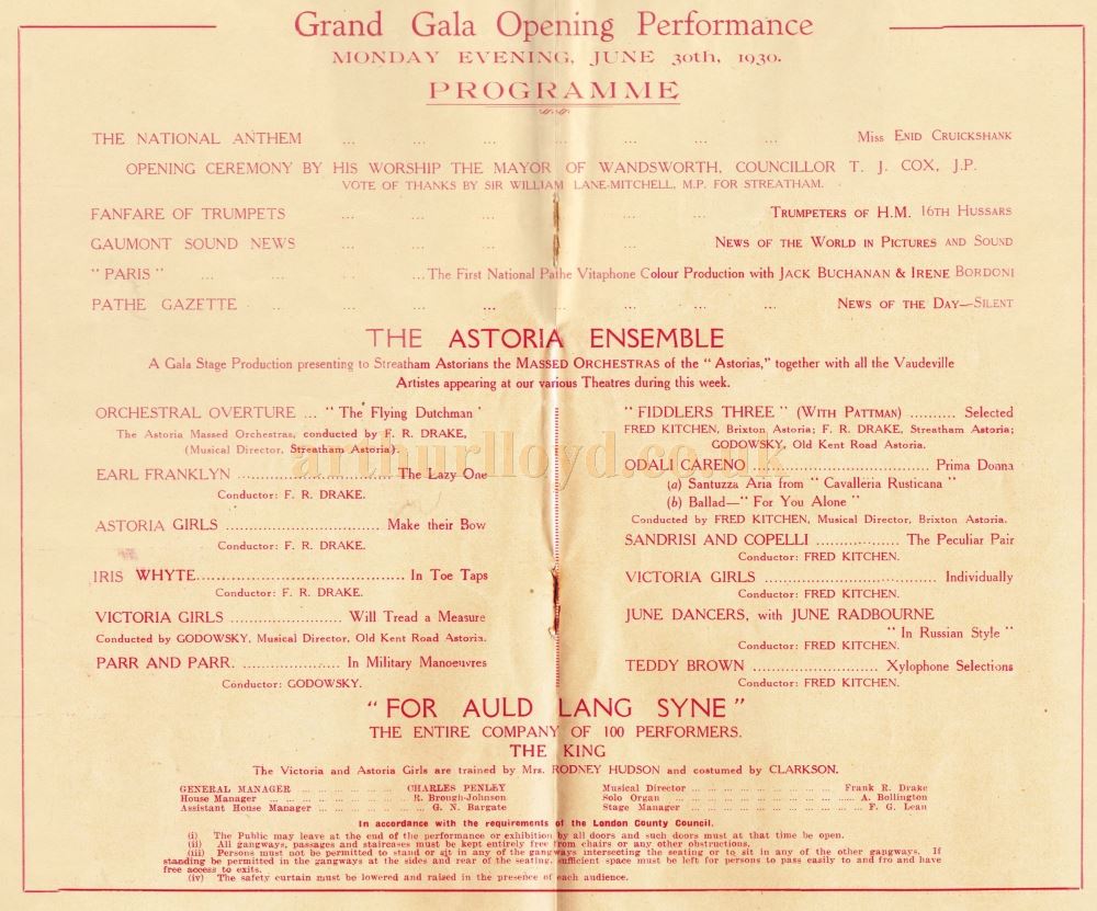 Details of the Opening Night Production at the Streatham Astoria, June 30th 1930 - Courtesy Ron Knee Archive. 