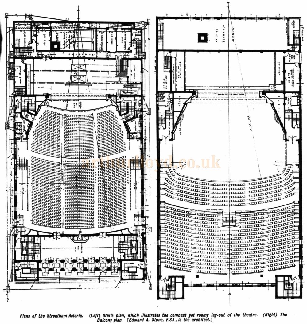 A Stalls and Balcony Plan of A. E. Stone's Astoria Theatre, Streatham - From the Kinematograph Weekly, 14th of August 1930.