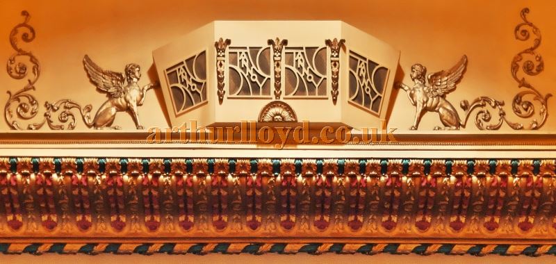 A photograph showing the Tannoy Speakers situated above the proscenium of the Streatham Hill Theatre in March 2017 - Courtesy Roger Fox.