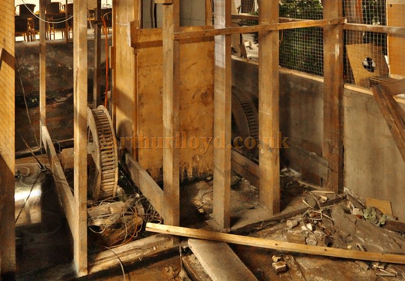 The drums and shafts for the two stage bridges at the Streatham Hill Theatre in March 2017 - Courtesy Tim Hatcher and Roger Fox.