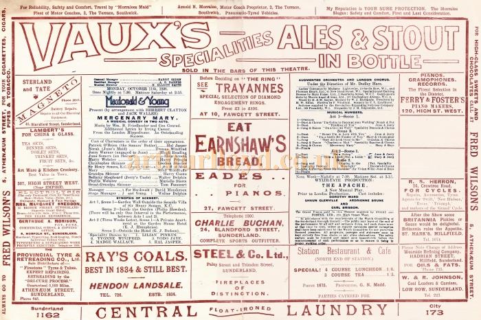 A programme for 'Mercenary Mary' at the Empire Theatre, Sunderland on Monday October 11th 1926.